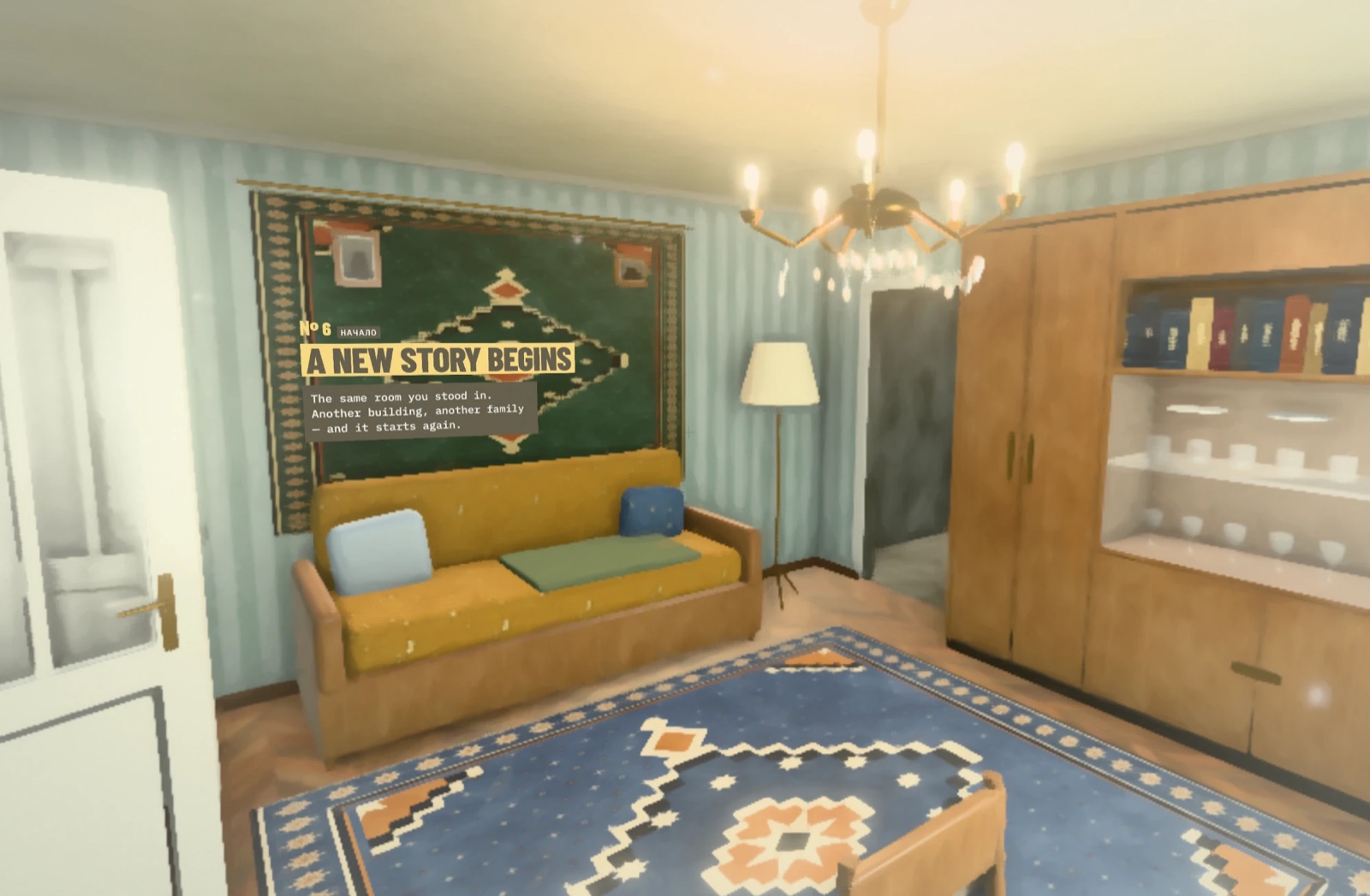 A furnished living room with a carpet on the wall, a yellow sofa and a wooden cabinet, under the caption A new story begins