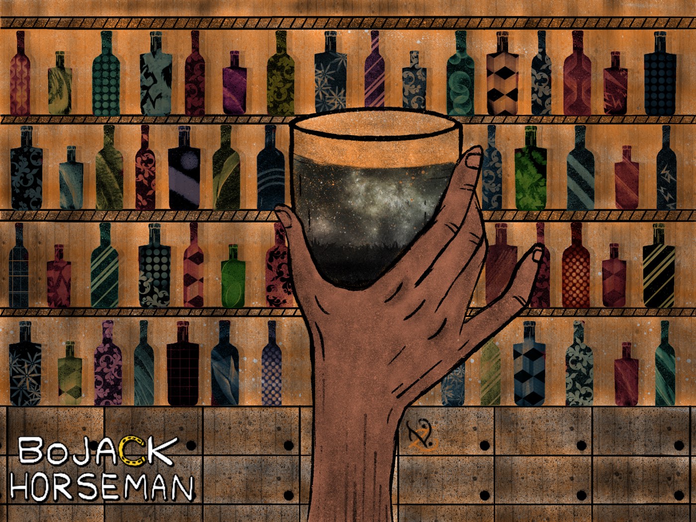 BoJack Horseman fan art · a hand raising a glass of galaxy-dark liquor before shelves of patterned bottles