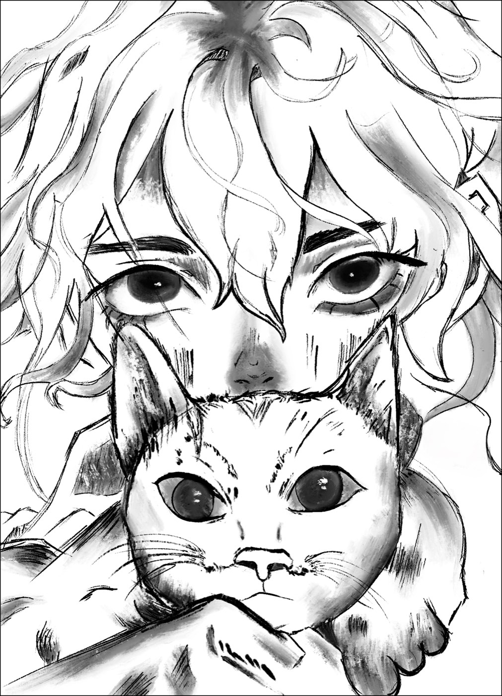 Soul Bound · charcoal-style drawing of a girl’s eyes over a cat held up to her face