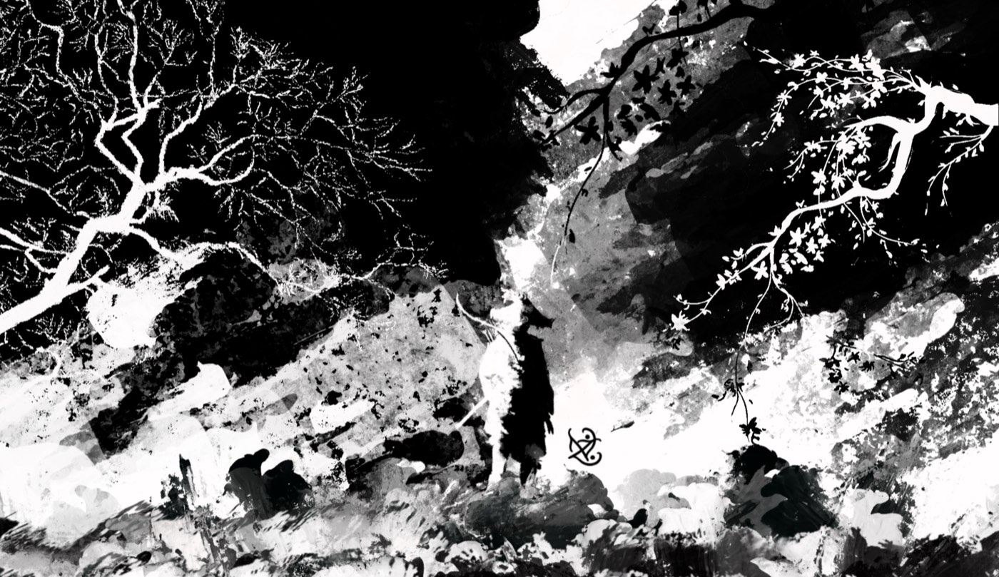 Crossroads, Ghost of Tsushima fan art · monochrome ink illustration of a horned figure in a ravine of blossom branches and brushwork