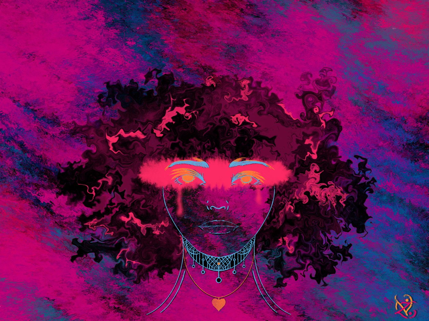 Juliet · a face with a pink blindfold of light in a storm of magenta and violet curls