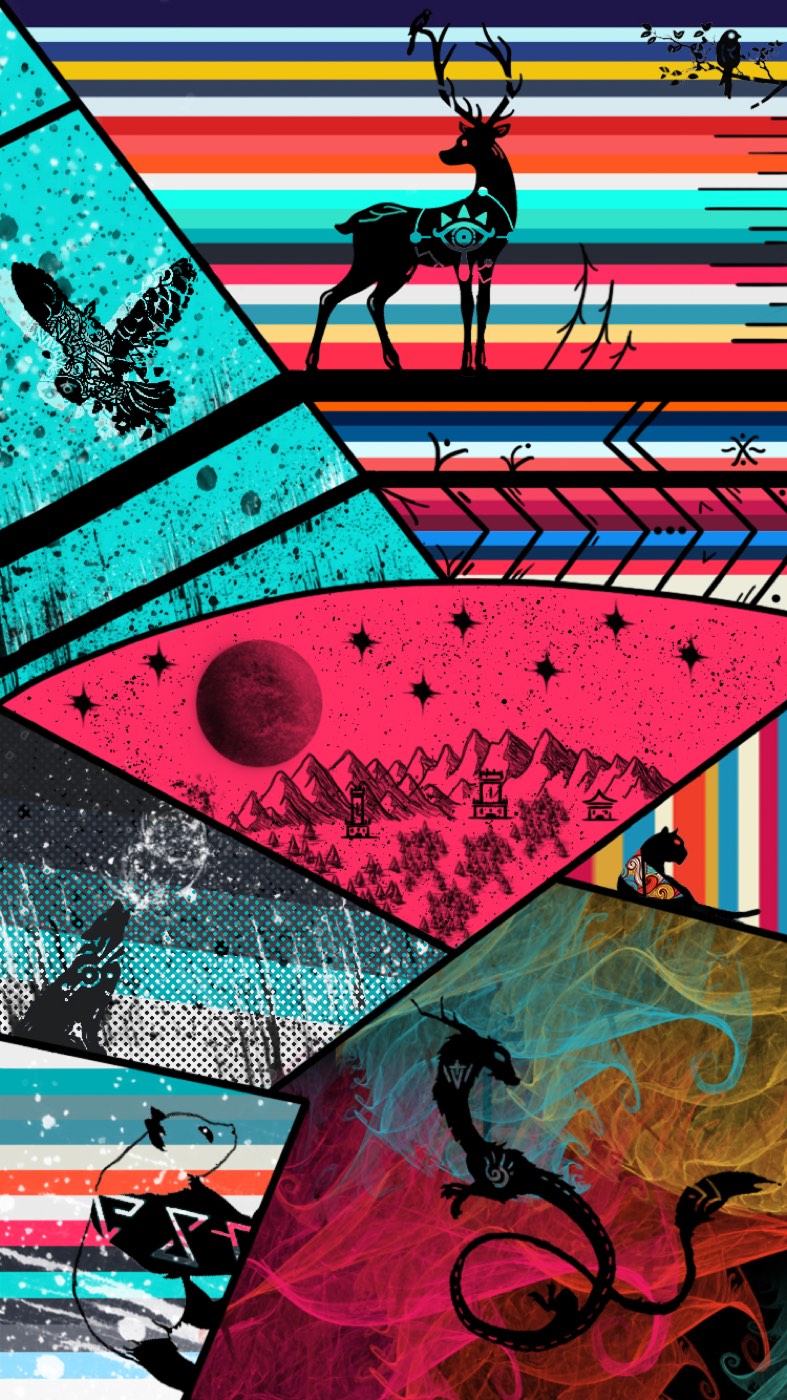 Call of The Wild · patchwork illustration of a deer, owl, fox, panda, and dragon across clashing patterned panels