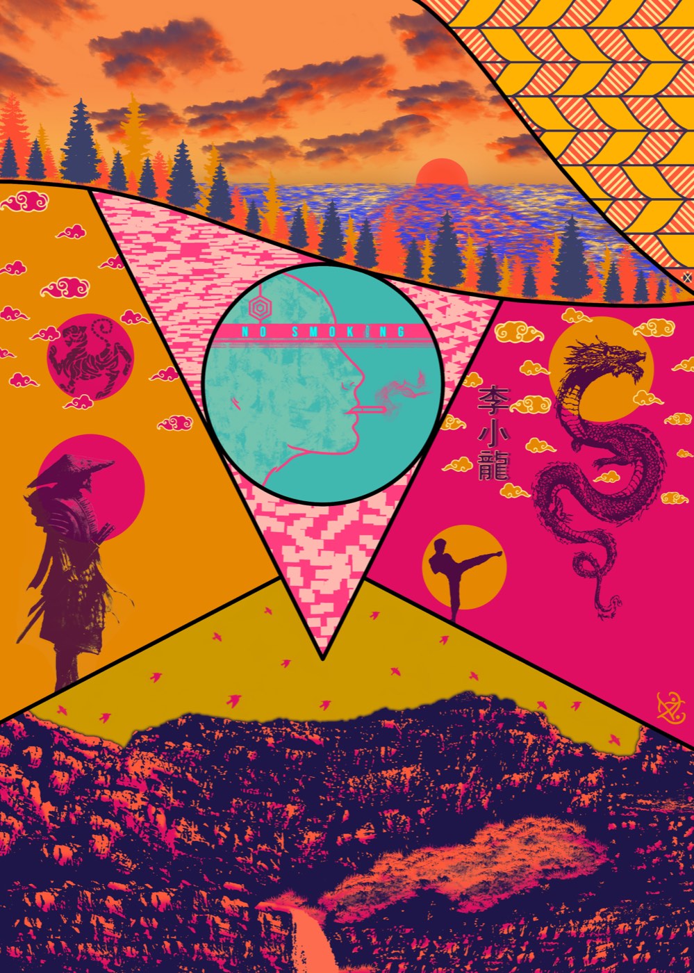 Transcendence · layered collage of a sunset pine coast, samurai, dragon, and a teal no-smoking profile