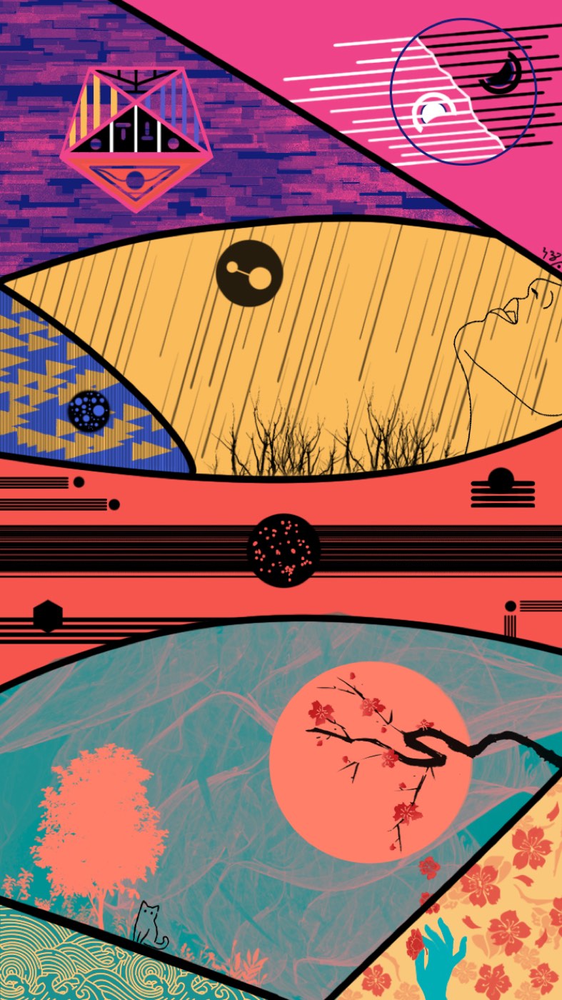 Transition · paneled illustration moving from glitch pattern through rain into a cherry-blossom moon