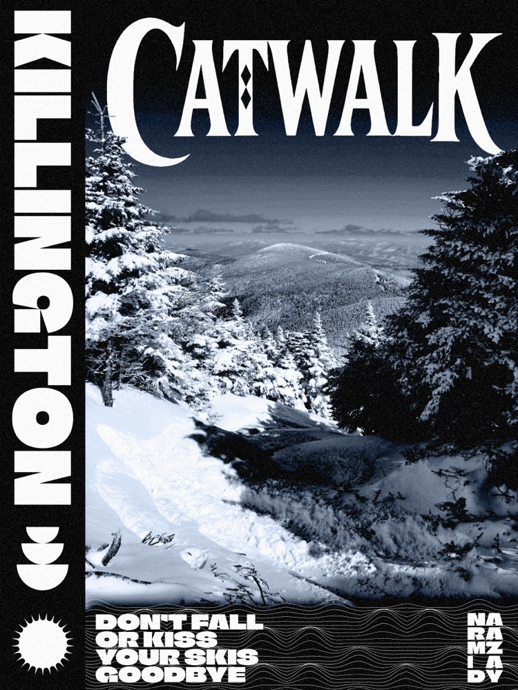 Catwalk trail poster, snowy glades under a dark sky, "don’t fall or kiss your skis goodbye"
