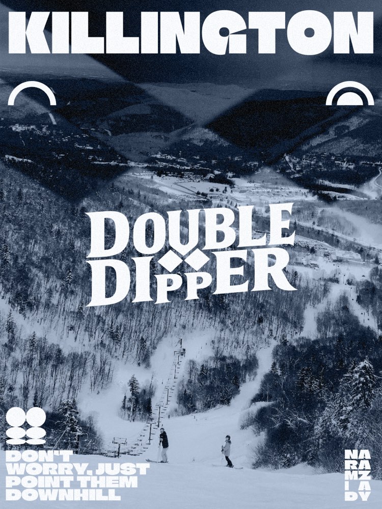 Double Dipper trail poster, skiers dropping into a valley run, "don’t worry, just point them downhill"