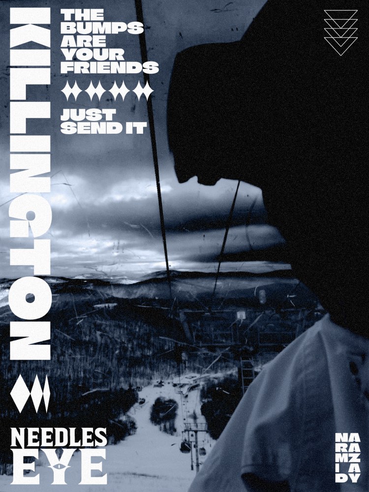 Needle’s Eye trail poster, silhouette on the chairlift, "the bumps are your friends, just send it"