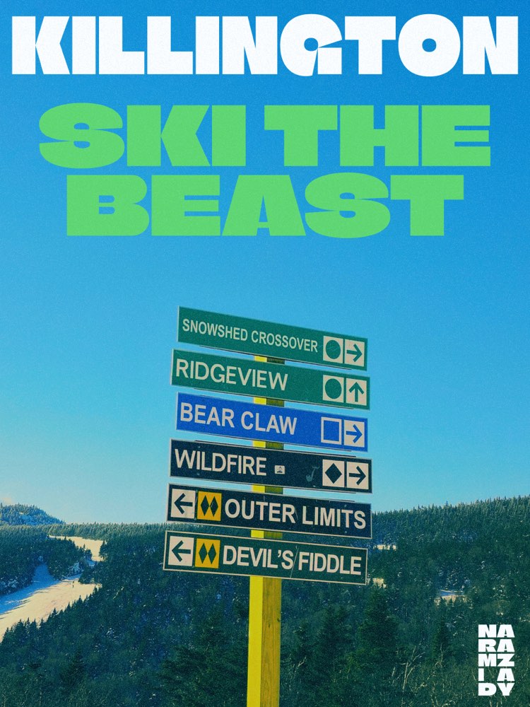 Ski the Beast poster, trail signs against a bluebird sky